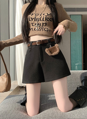 黑色毛呢西装短裤女秋冬新款高腰阔腿裤灰色超好看休闲裤子送腰带