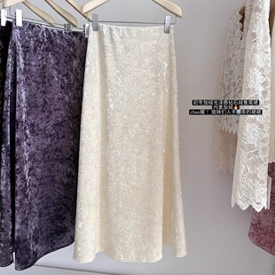 初冬法式优雅金钻丝绒半身裙高级感高腰直筒加绒光泽感开叉a字裙