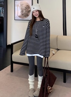 高级感条纹长袖T恤女秋冬加厚内搭可外穿打底衫慵懒宽松chic上衣