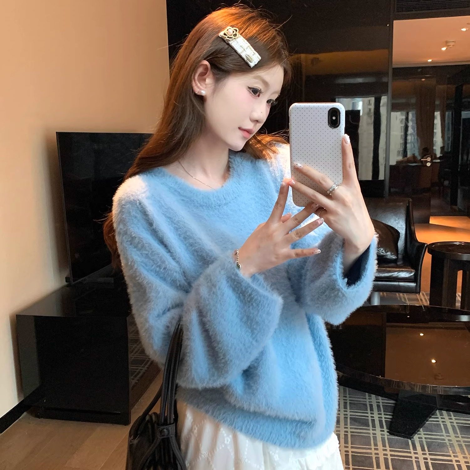 韩系蓝色巨温柔超好看的软糯马海毛针织衫加厚秋冬毛衣外套女上衣,女装/女士精品,毛衣,淘宝优惠券,粉丝福利购,淘宝优惠卷