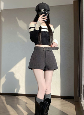 秋冬灰色毛呢西装短裤女装高腰显瘦a字百搭靴裤外穿休闲黑色裤子