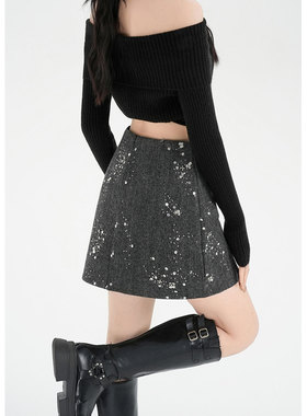 灰色小香风亮片半身裙秋冬新款高腰显瘦a字短款亮闪闪毛呢短裙子