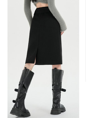 灰色极简风毛呢半身裙女秋冬新款显瘦a字遮胯通勤气质西装中裙子