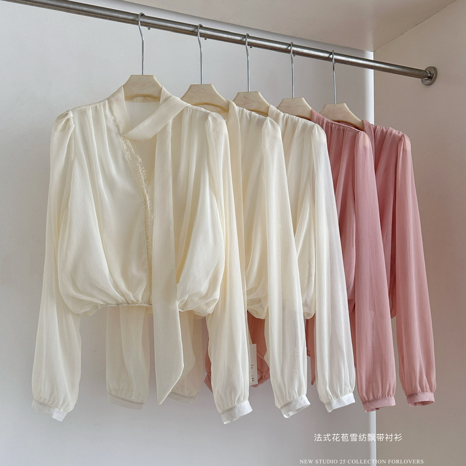 法式氛围感v领花苞雪纺飘带衬衫