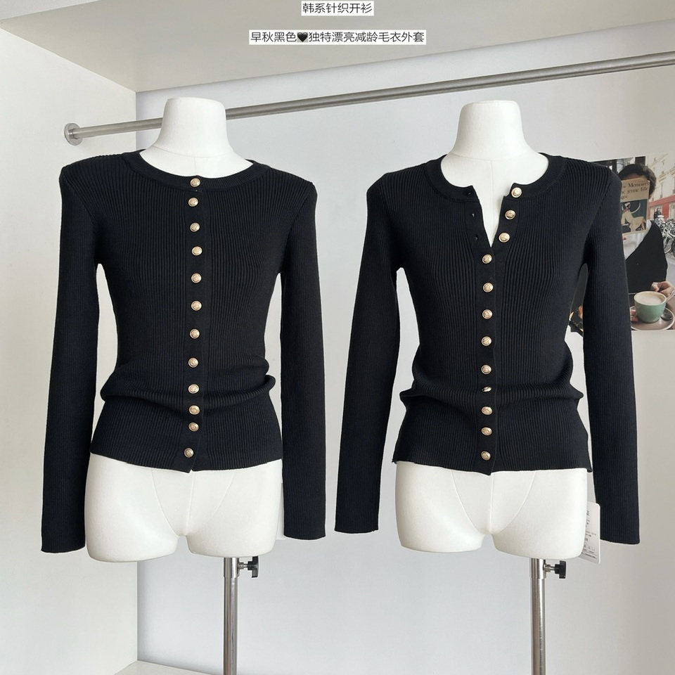 黑色高级韩系早秋穿搭针织开衫