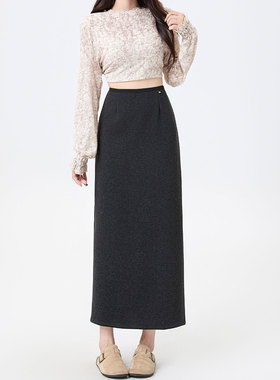 灰色加绒A字半身裙女超好看冬装高腰显瘦直筒包臀气质开叉长裙子