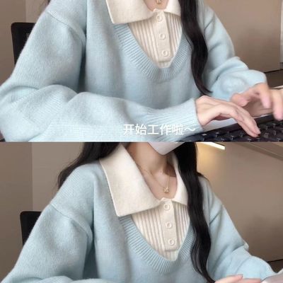 学院风短款POLO领毛衣女秋冬季内搭设计感两件套针织上衣2025新款