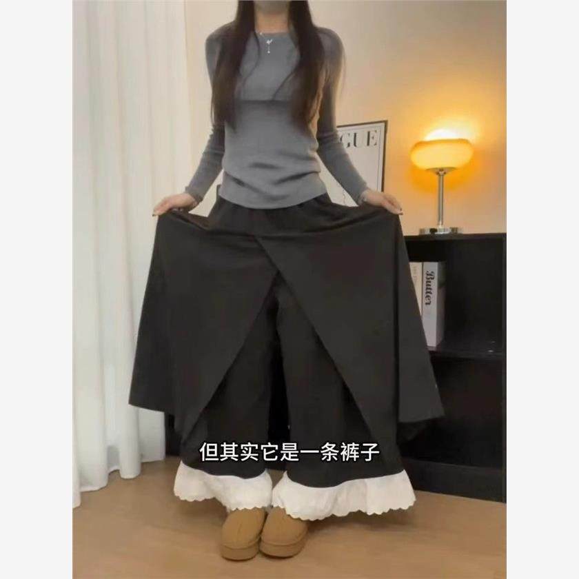 大码胖mm黑灰色蕾丝拼接裙裤2025秋装女款假两件屁帘a字阔腿裤子