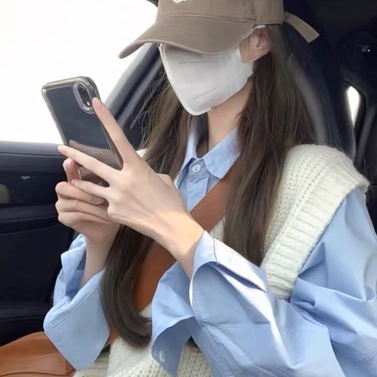 蓝色衬衫搭配马甲两件套女装2025早秋新款叠穿衬衣设计感法式上衣