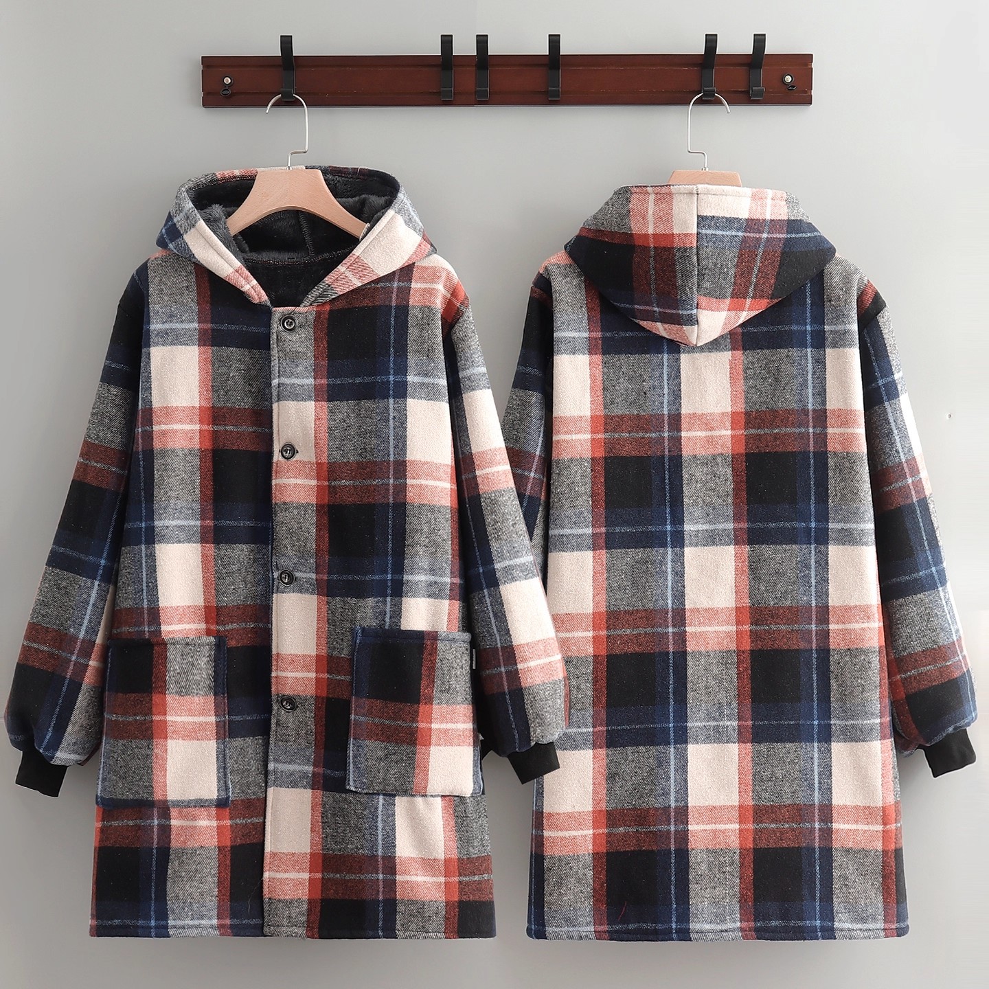 加绒加厚格子罩衣冬季家用