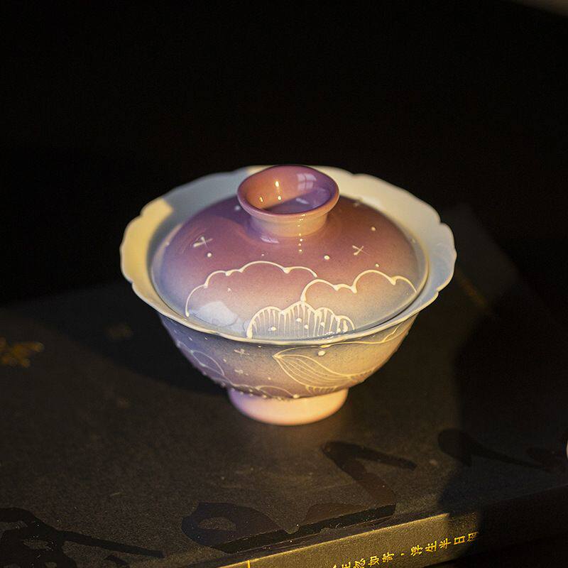 梦幻渐变紫手绘有田烧鲸鱼盖碗功夫茶具仿宋花口高足泡茶碗