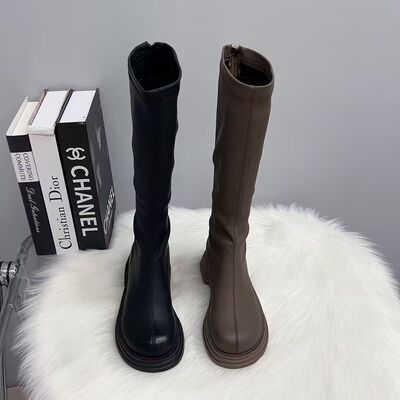 软皮不过膝长靴女加绒2023秋冬新款厚底显瘦平底长筒靴高筒骑士靴