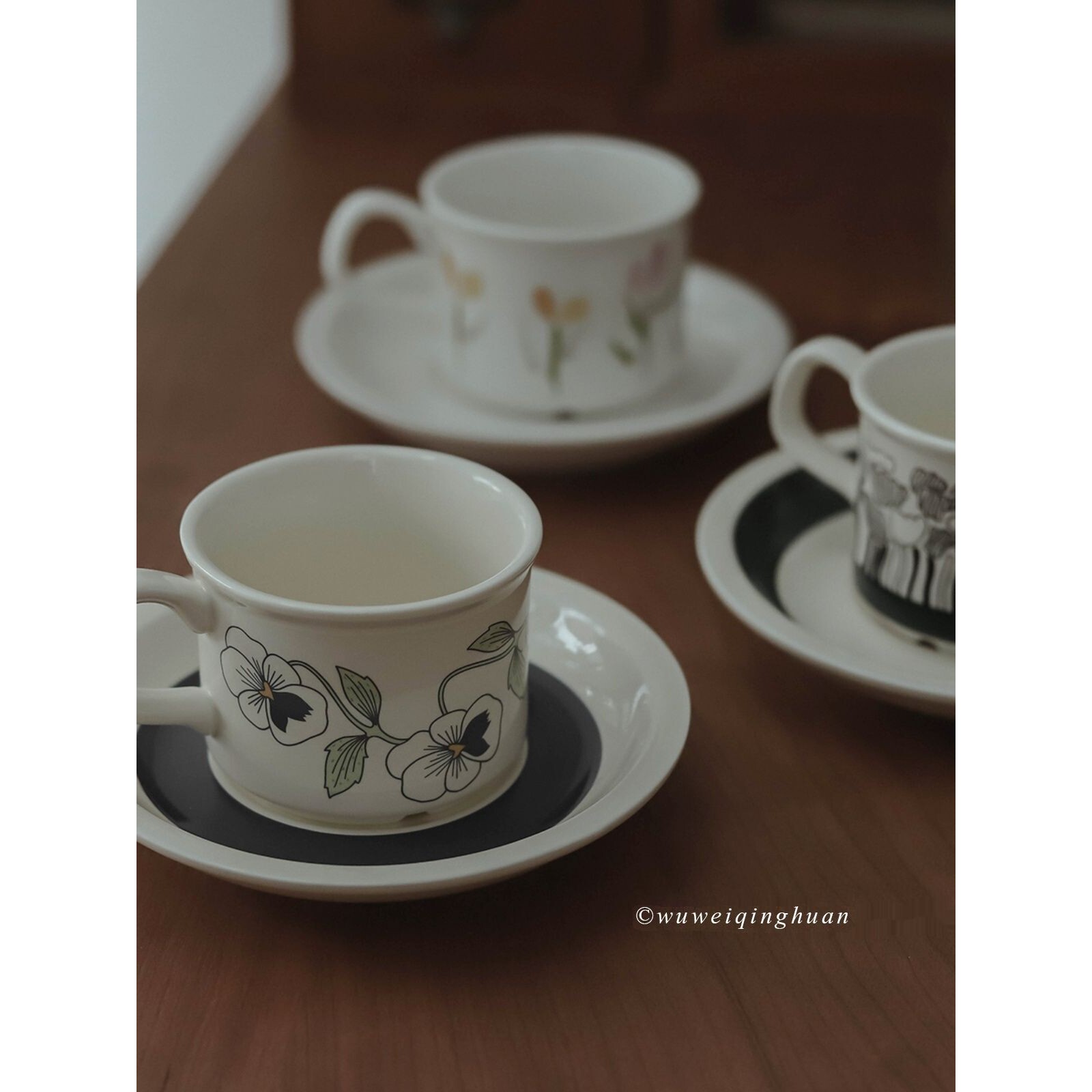 中古北欧风陶瓷兰花咖啡杯碟 复古花卉红茶杯套装下午茶