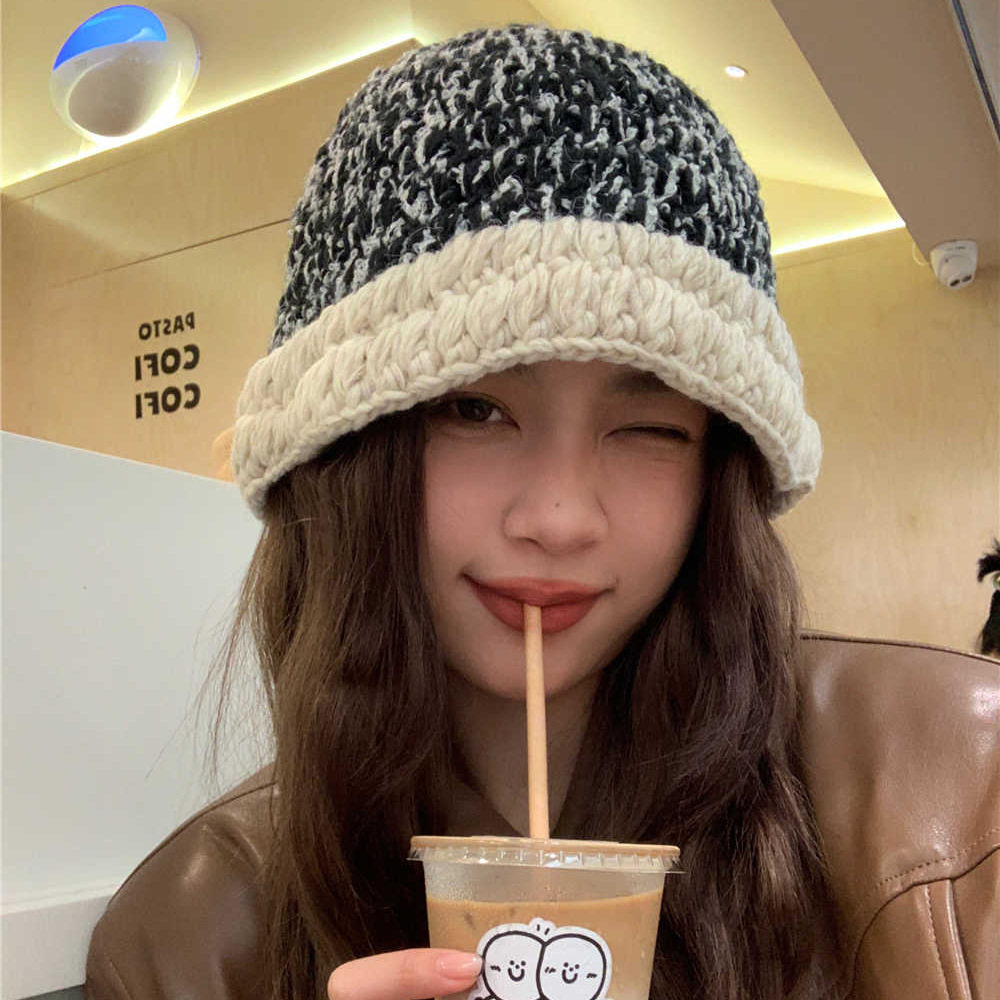 秋冬混色粗针手工渔夫帽女秋冬韩版ins时髦百搭保暖毛线盆帽
