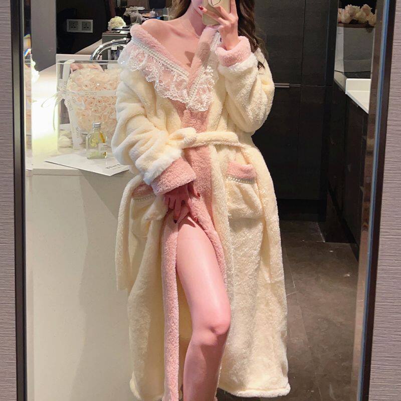 感睡袍女秋冬季甜美简约花边珊瑚绒加厚长款睡衣冬浴袍居家服