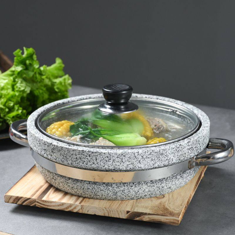 天然石锅拌饭石锅鱼石板料理石锅菜专用锅耐高温石锅带盖酒店护金