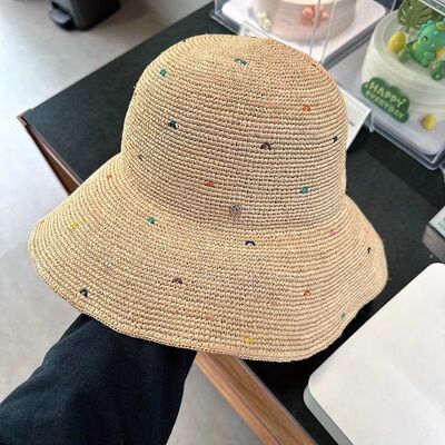 日本彩色点点拉菲草帽女大檐防晒遮阳百搭度假风手工草编渔夫帽女