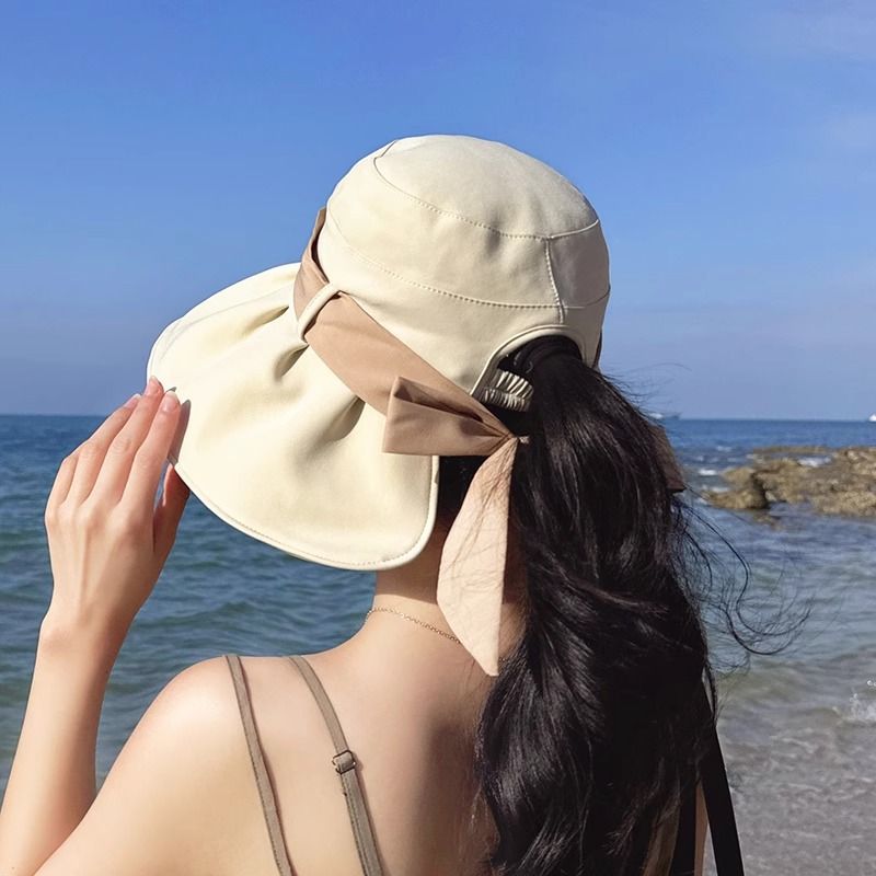 春夏季日系甜美可爱大檐蝴蝶结渔夫帽女出游扎马尾太阳帽遮阳盆帽
