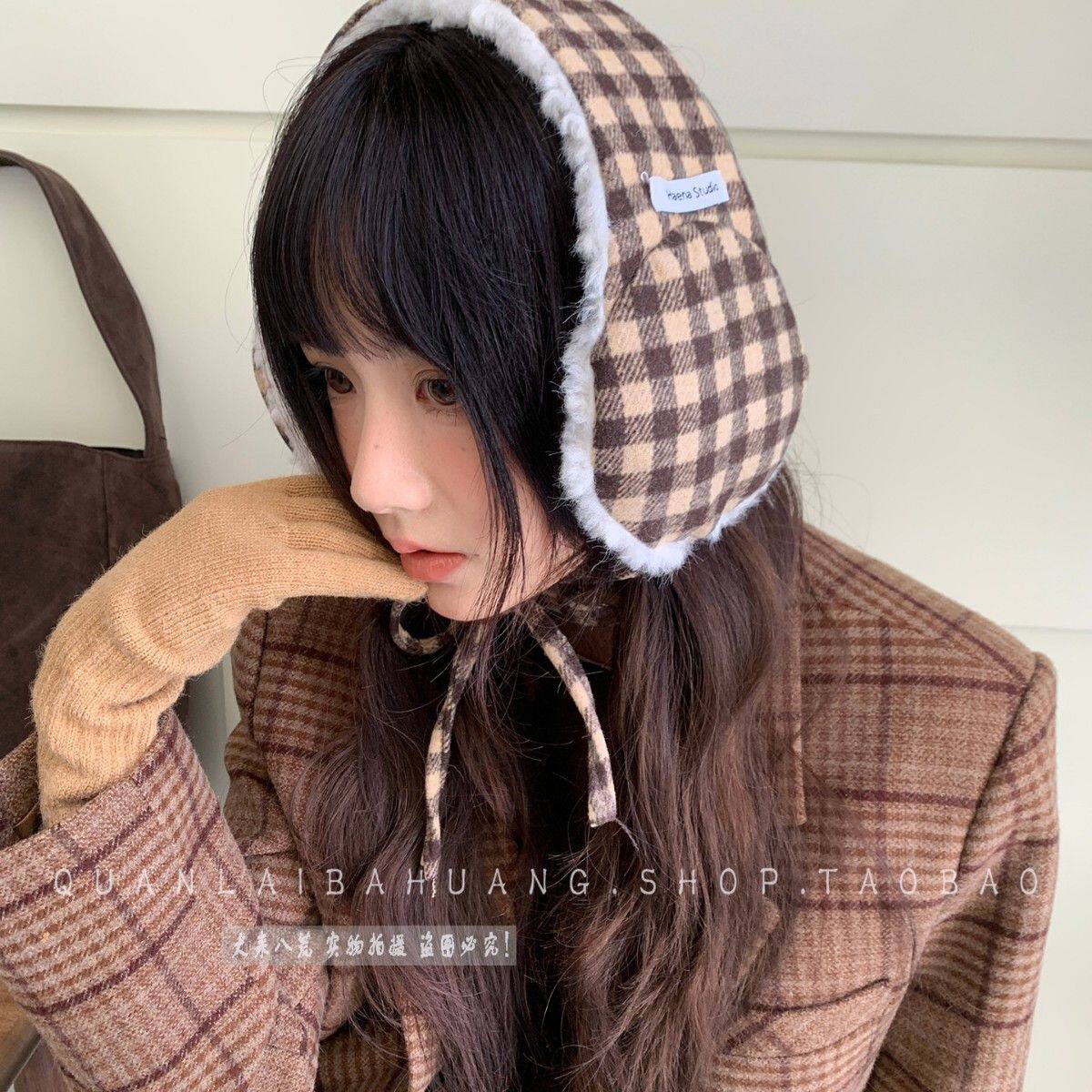 格子系带毛绒耳罩女冬季加厚保暖防寒防冻骑行耳暖耳包耳套耳捂子