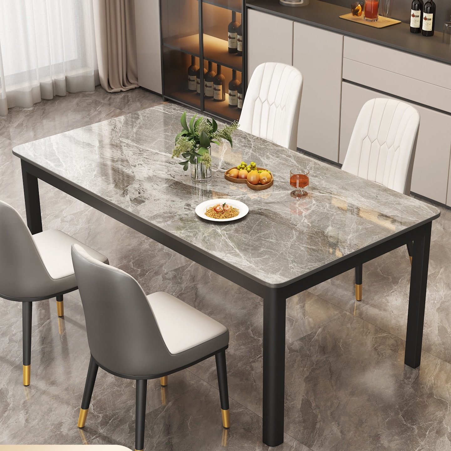 岩板餐桌小户型现代简约家用长方形餐厅饭桌轻奢大理石餐桌椅组合
