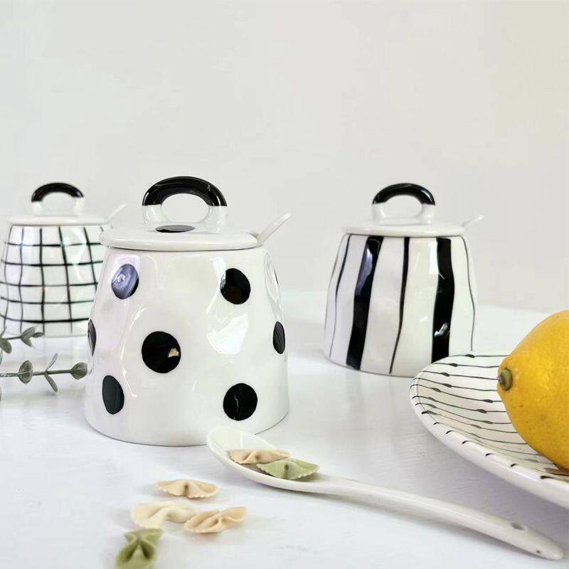 带勺家用盐罐不规则手绘调味罐调料罐有盖陶瓷北欧风厨房大容量无