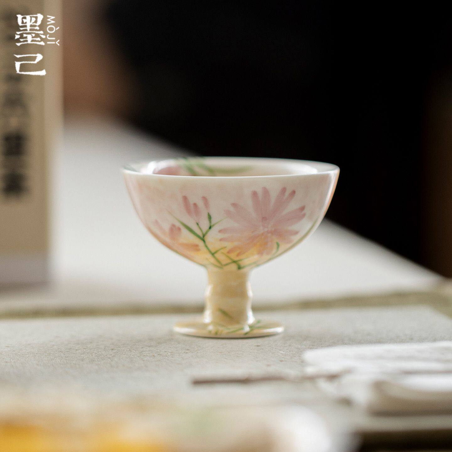 墨己油画风手绘陶瓷主人杯功夫茶具家用品茗杯高足茶杯单杯杯子