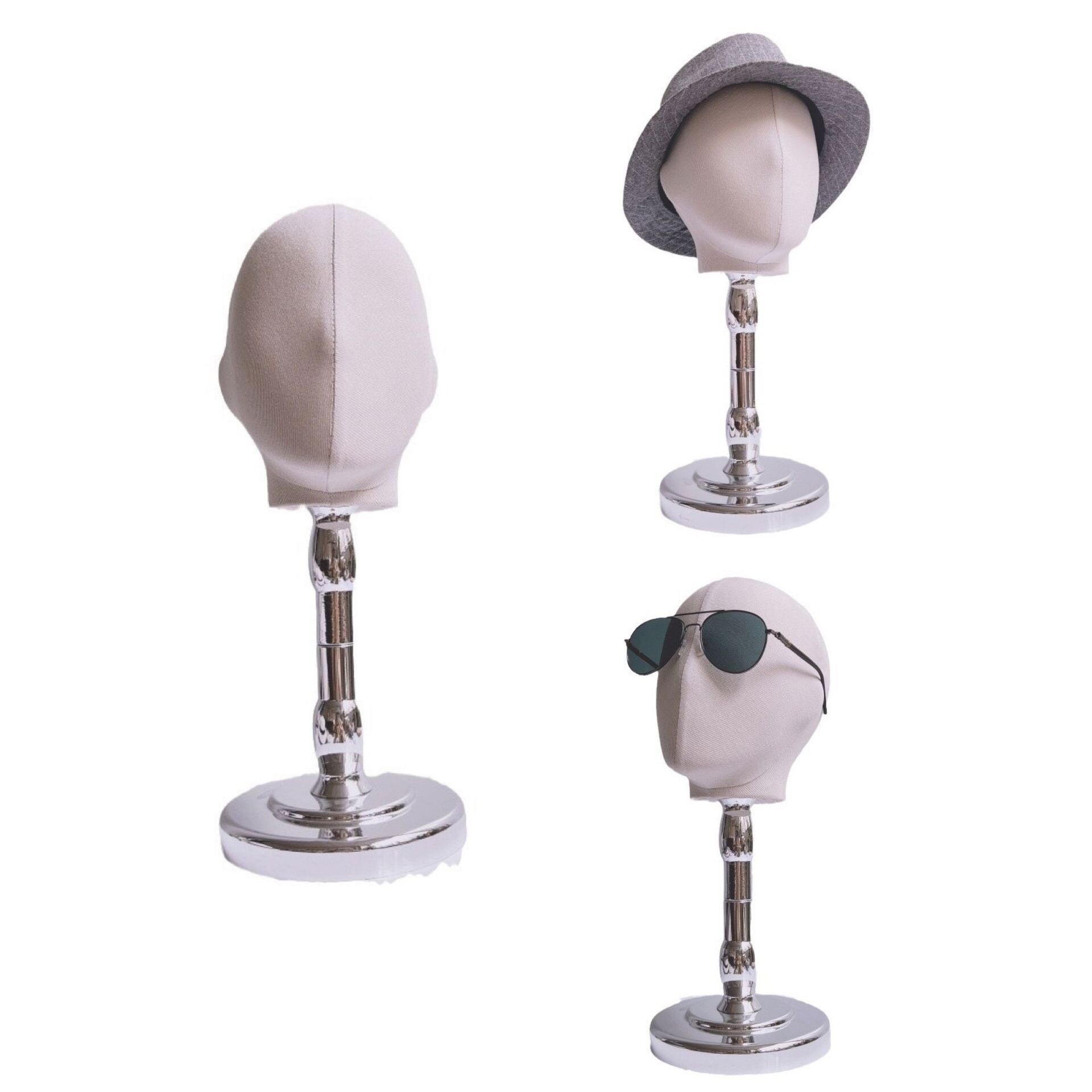 新款创意米色包布头模帽架高低帽托配银色底座可拆装帽托帽撑
