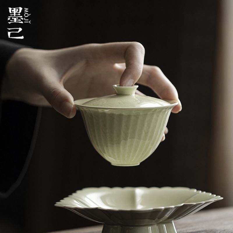 墨己绿釉元宝盖碗功夫茶具仿宋陶瓷泡茶碗家用文人器肌理感盖碗