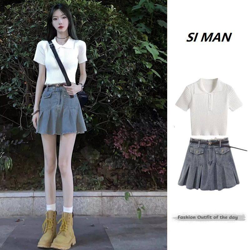 夏季小个子显高甜辣妹俏皮活泼白色polo领上衣牛仔短裙两件套装女,女装/女士精品,大码半身裙,淘宝优惠券,粉丝福利购,淘宝优惠卷