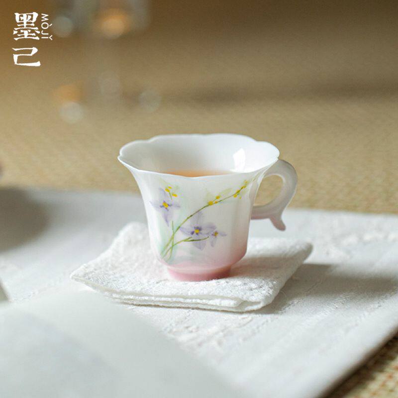 墨己玉泥日式提耳花口茶杯手绘釉下彩杯子家用品茗杯功夫茶具单杯