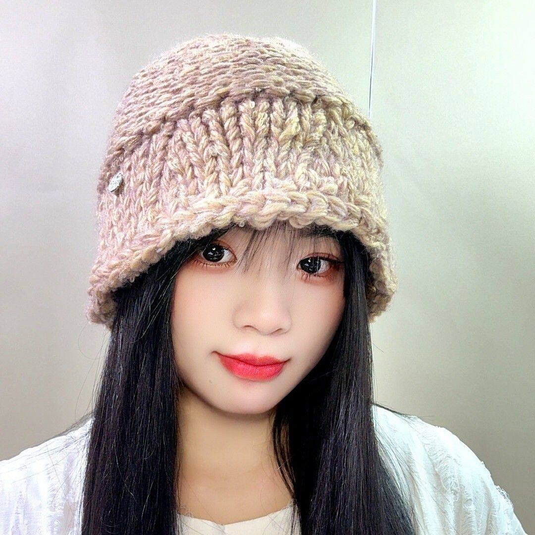 羊毛混纺手工编织毛线帽女盆帽护头冬季针织帽加厚防寒保暖渔夫帽