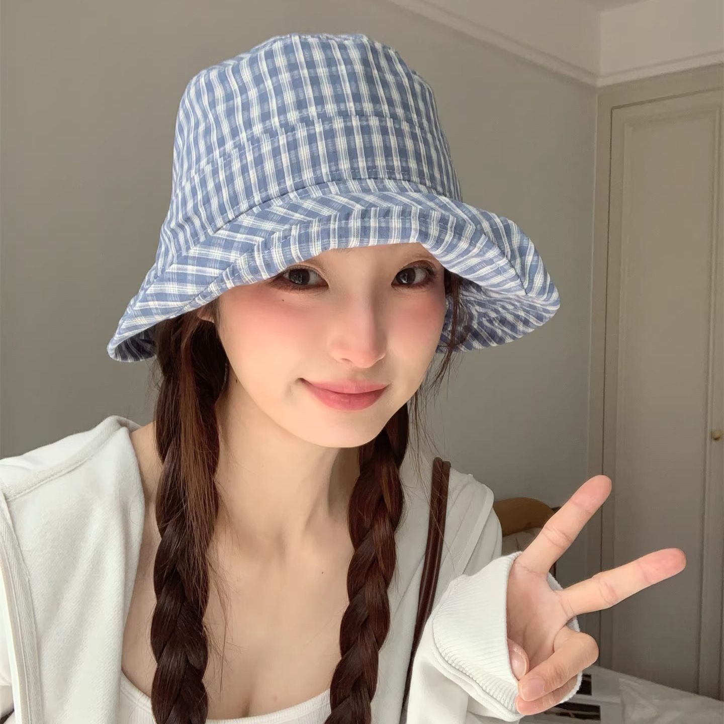 2026新款清新系格子大檐渔夫帽女夏季轻薄款遮阳防晒显脸小盆帽