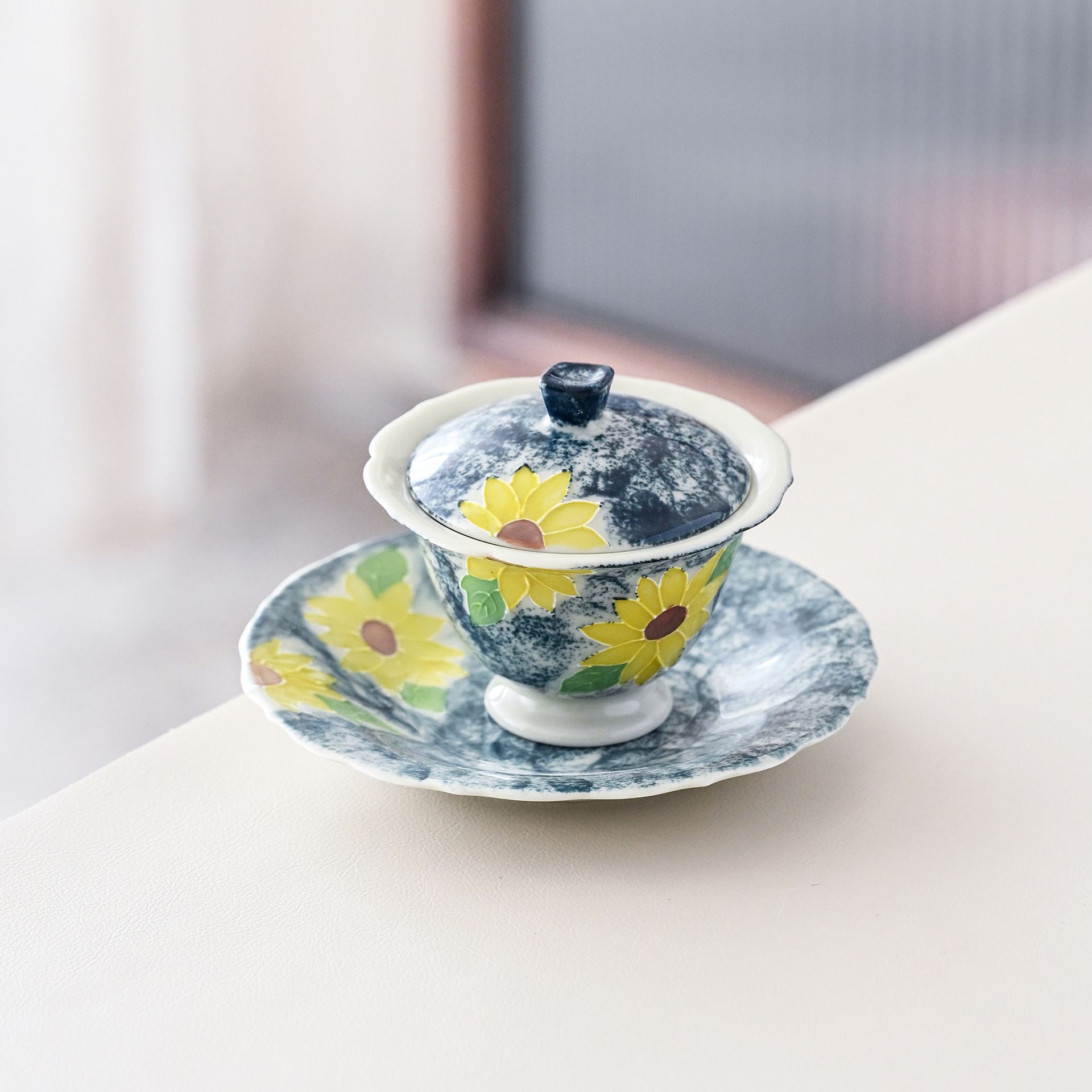 向日葵泥绘可爱茶具防陶瓷茶碗配布手绘盖碗陶瓷抓大号烫手泡茶碗