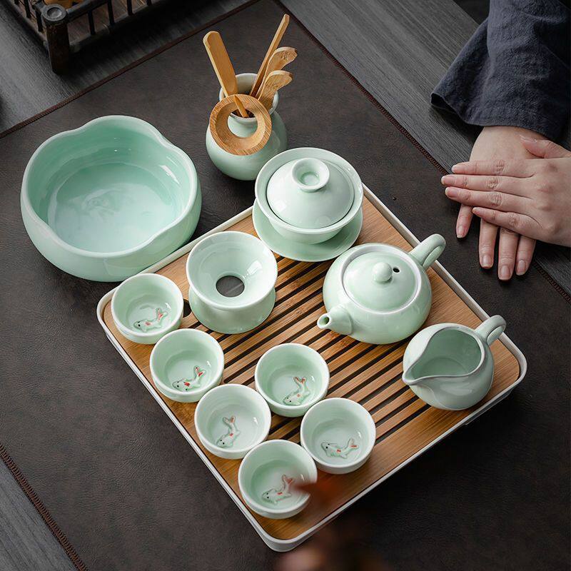 青瓷功夫茶具小套装陶瓷家用简约盖碗茶壶鲤鱼茶杯办公茶道整套