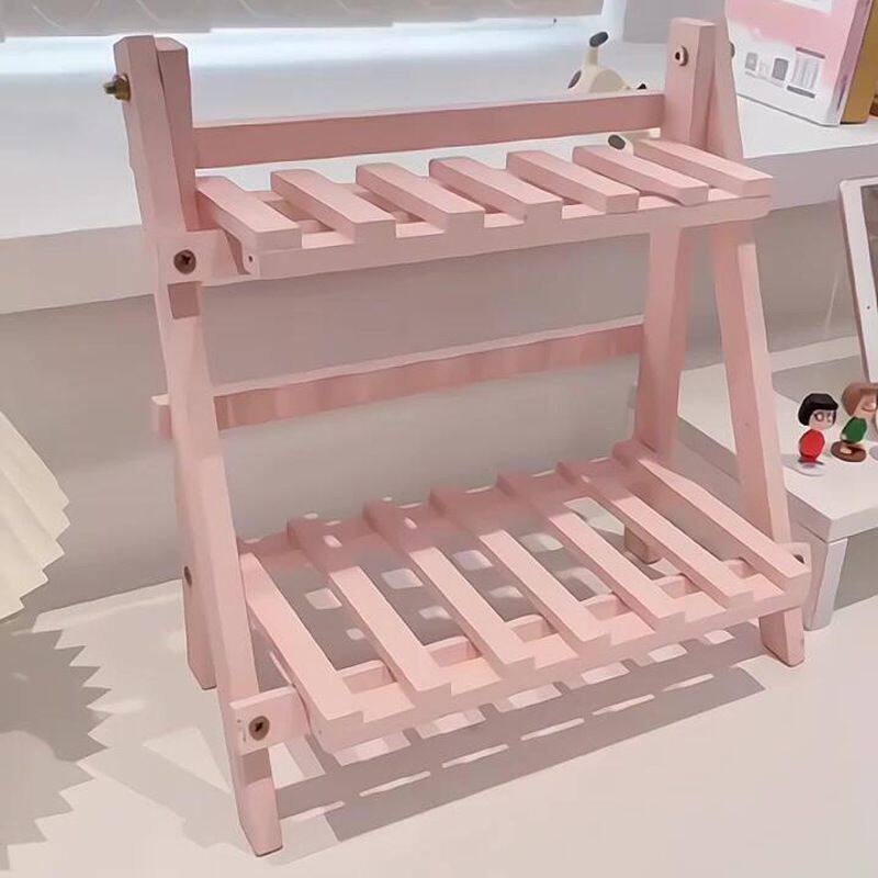 粉色原木桌面置物架双层可折叠收纳架梳妆台宿舍办公桌高颜值书架