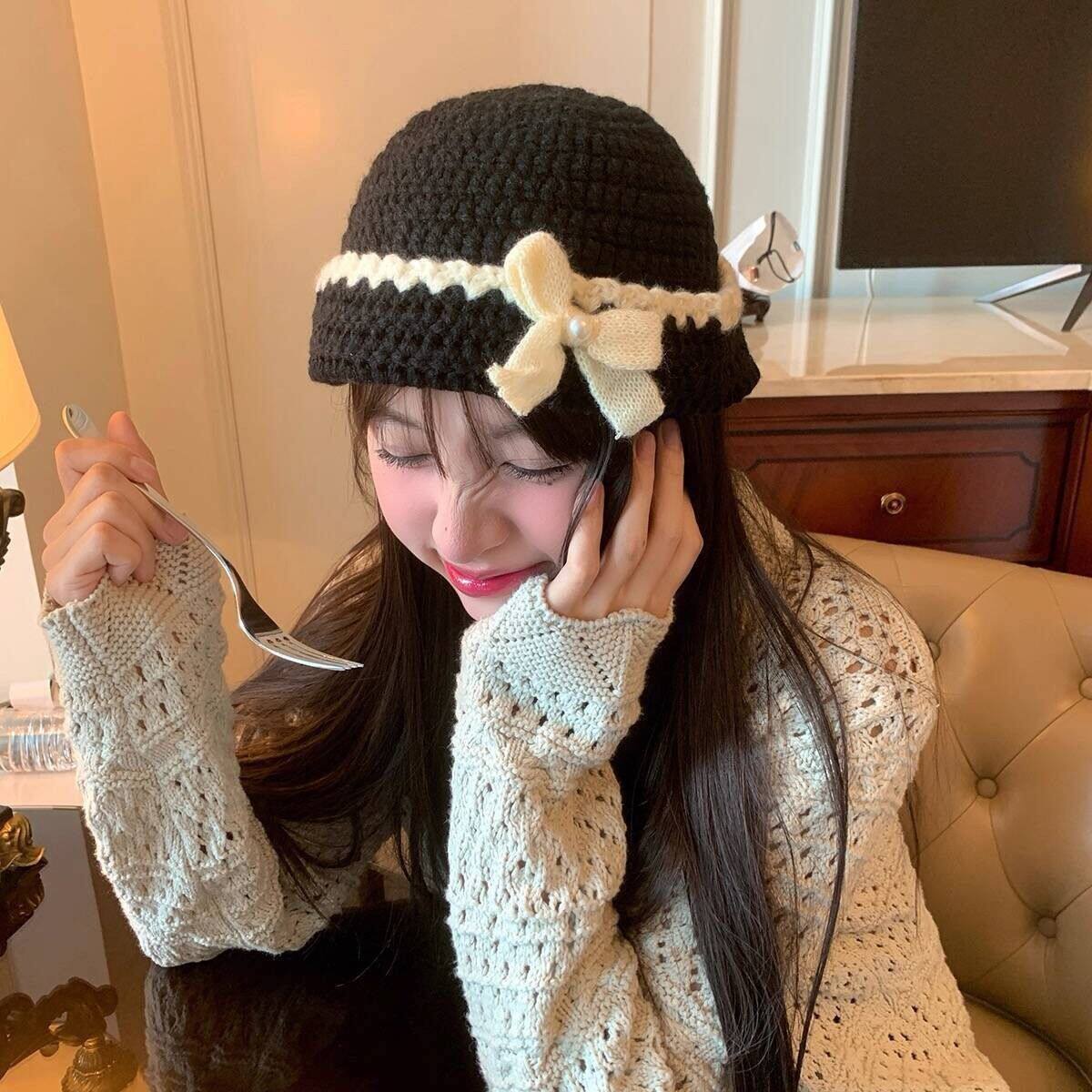 2025甜美可爱翻檐蝴蝶结珍珠毛线帽学生韩版百搭保暖针织帽女