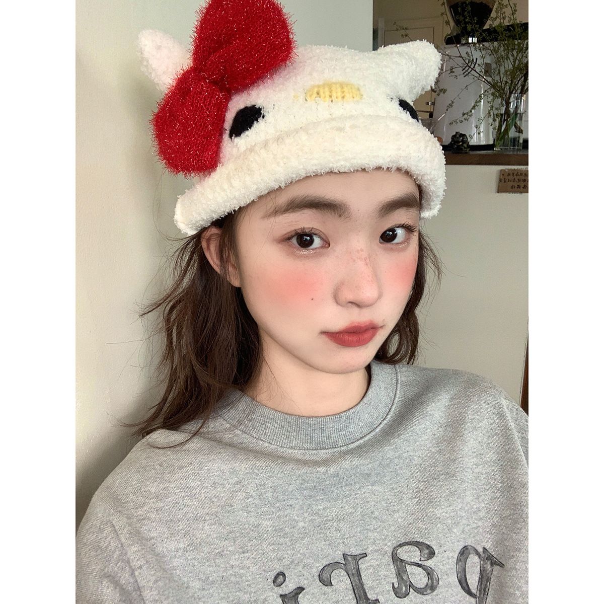 蝴蝶结猫咪针织帽秋冬加厚保暖可爱毛绒帽显脸小套头帽女