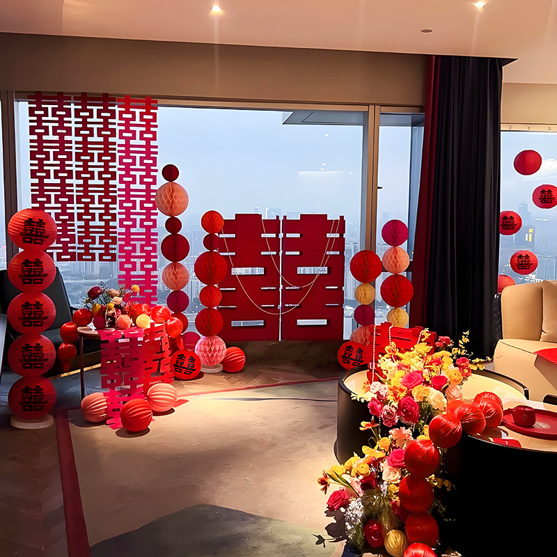 结婚酒店客厅婚房布置套装婚礼女方新房卧室晨袍房间背景拉花装饰