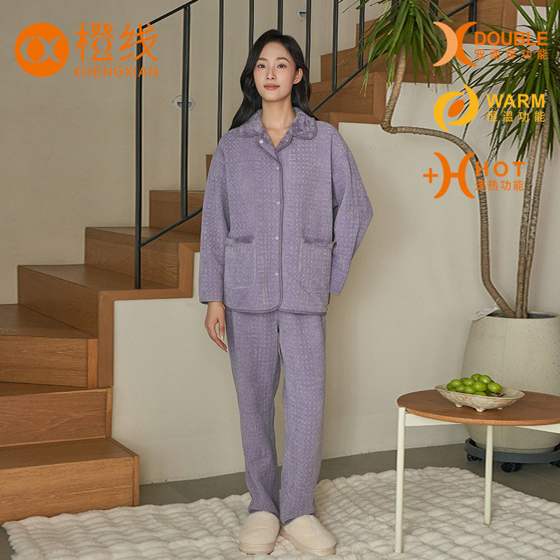 橙线情侣睡衣套装秋冬加绒双面可穿几何雪绒花保暖家居服E83026