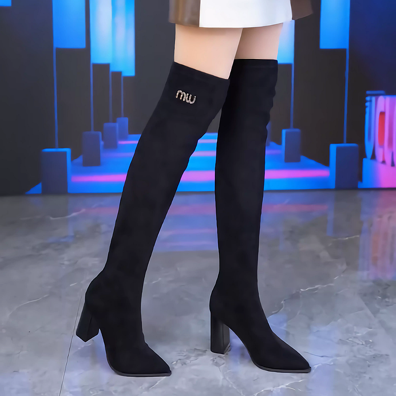 过膝长靴女2025年新款秋冬加绒高筒靴子绒面瘦瘦弹力靴高跟骑士靴
