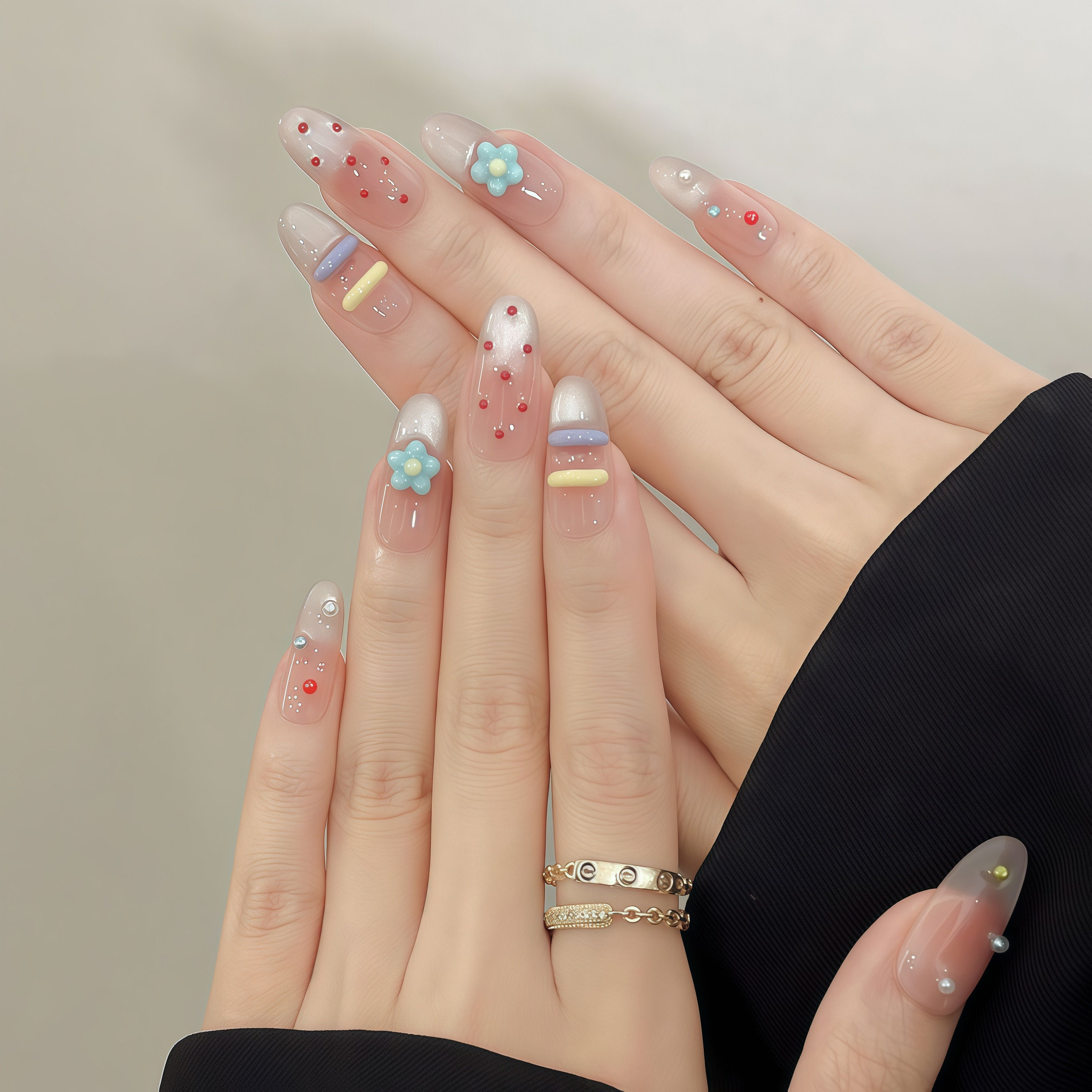 法式穿戴甲小中长款花波点彩色条纹成品美甲贴片高级感小众假指甲