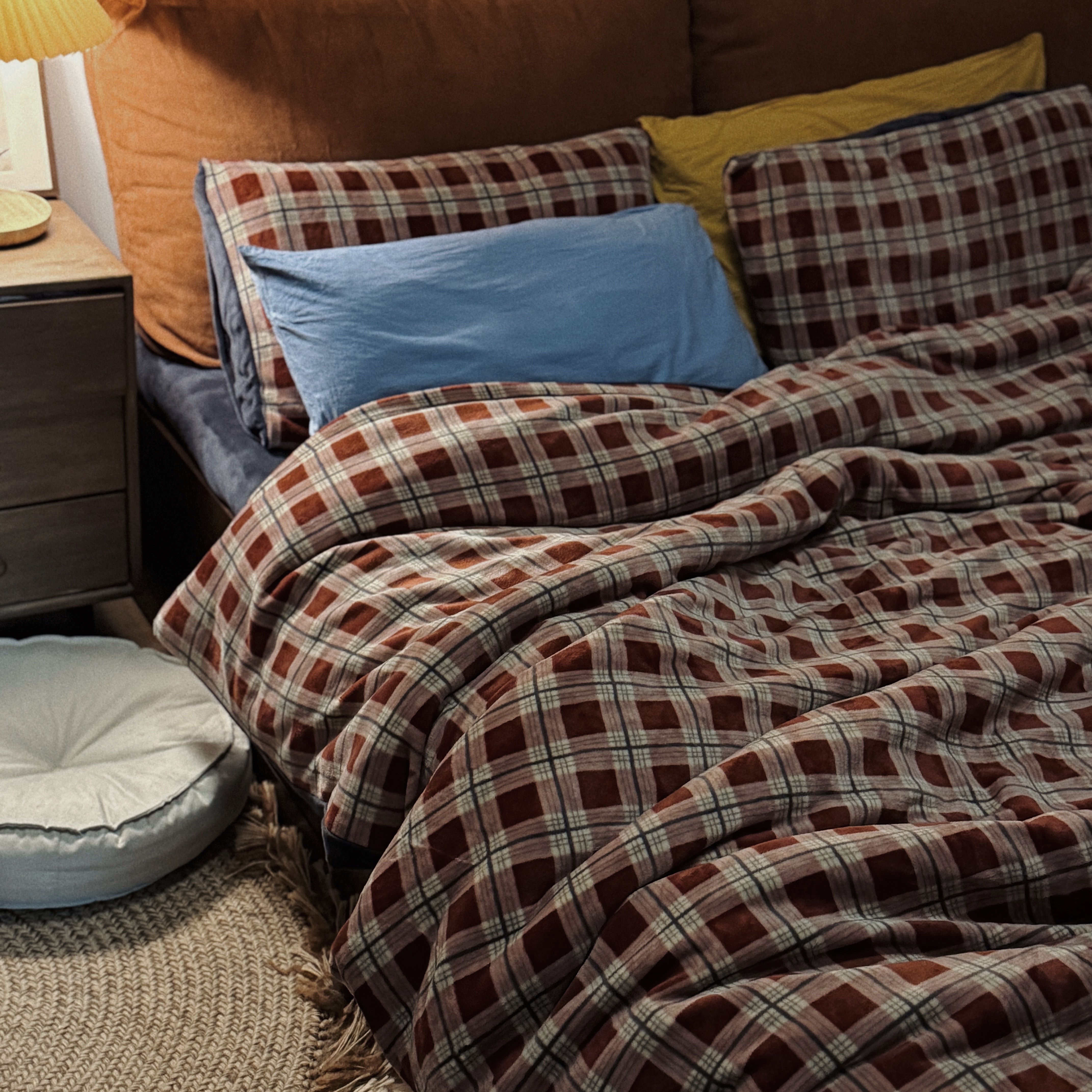 小岛之森复古牛奶绒珊瑚绒四件套ins拼接酒红新年圣诞