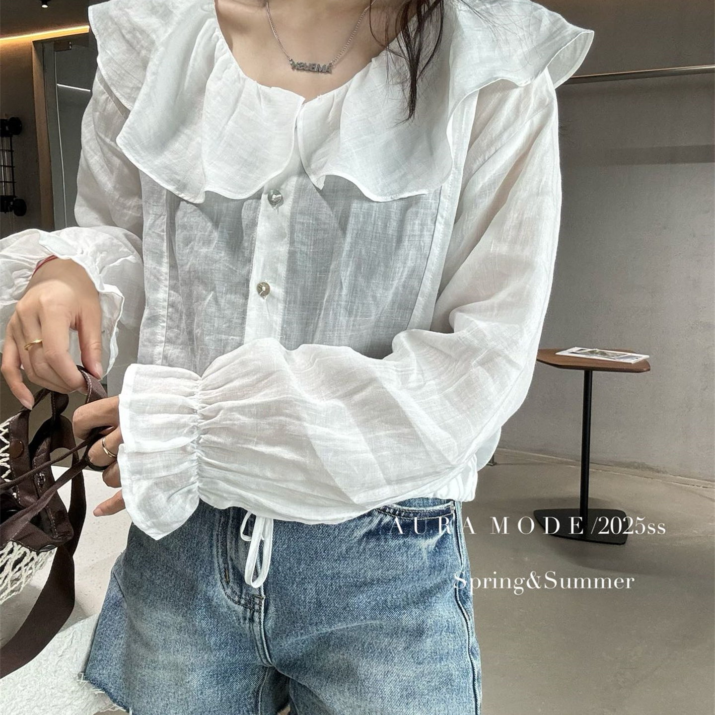 Aura mode欧洲站夏季新款时尚百搭娃娃领长袖宽松洋气小衫女潮607