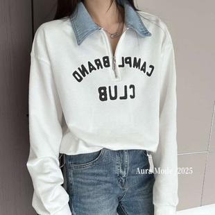 Aura 上衣1222 mode欧货学院风字母印花卫衣女POLO领宽松百搭长袖
