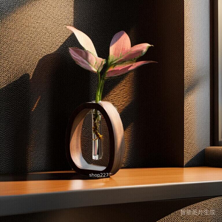 胡桃木实木花器创意插花摆件简约玻璃植物花插迷你水养花瓶