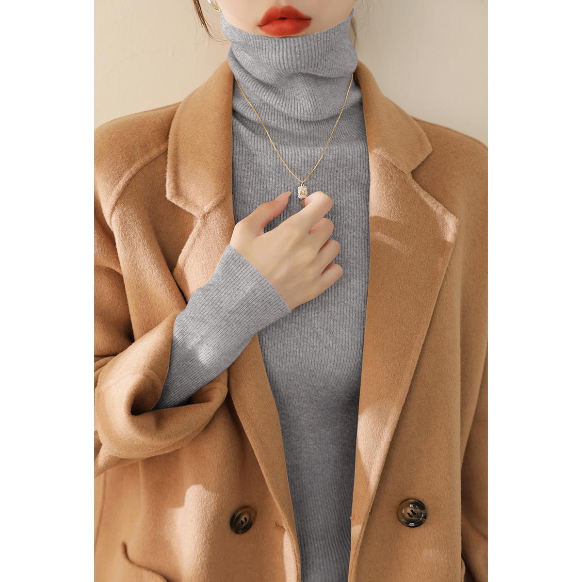 MONLOUVE高级感黑色堆堆高领修身打底衫女秋冬季搭配大衣外套内搭