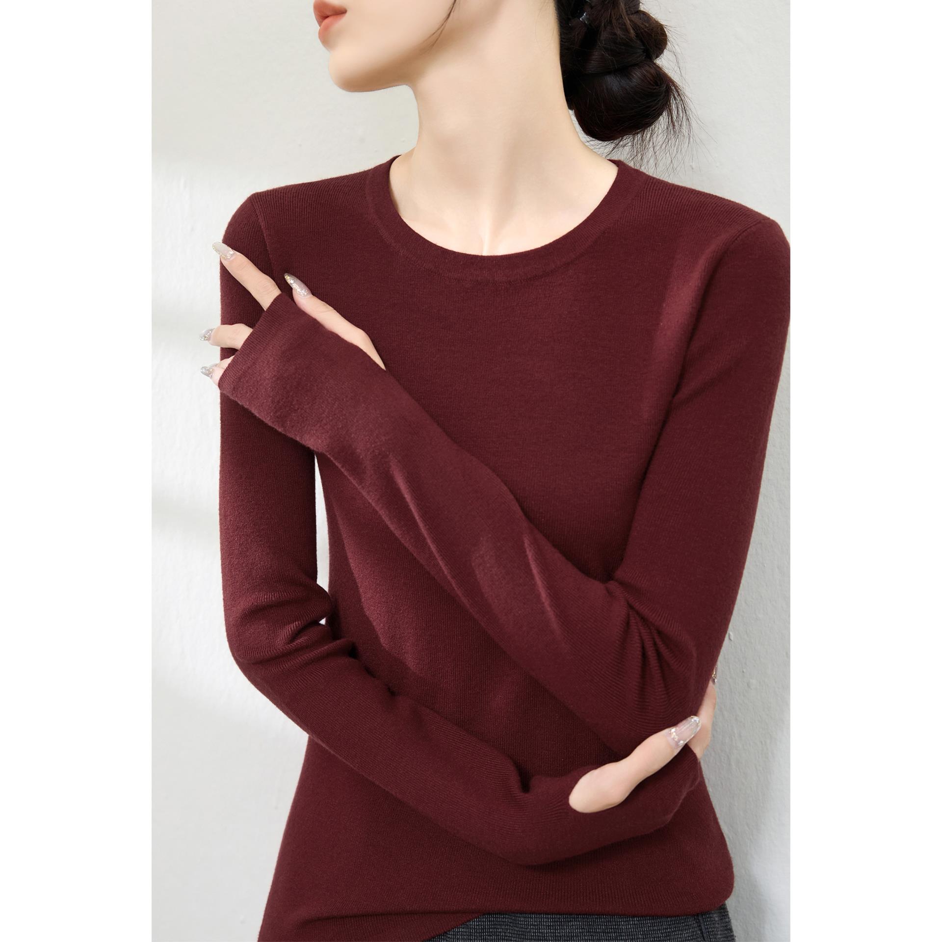 MONLOUVE高级简约2025年打底衫女装修身秋冬季圆领套手指设计长袖