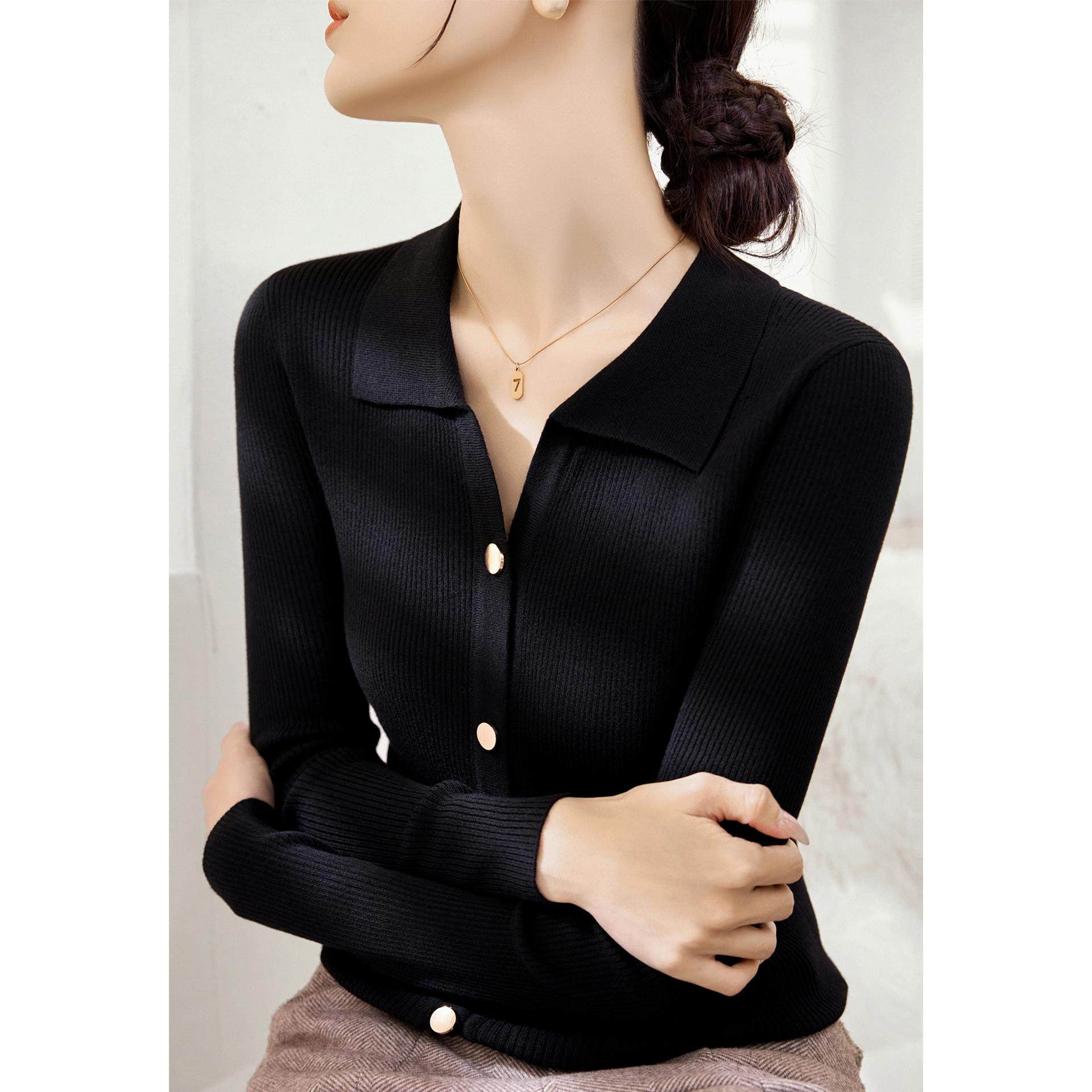 MONLOUVE秋季新款修身气质上衣女2025年POLO领长袖显瘦针织开衫