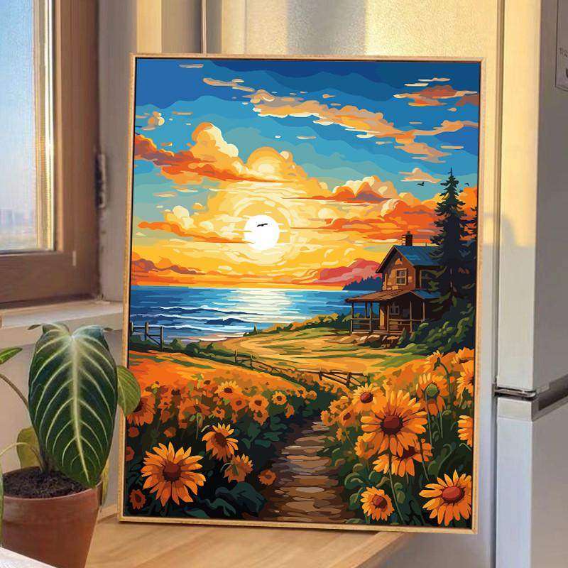 向日葵风景diy数字油画油彩丙烯装饰挂画画填充填色手工手绘高级,家居饰品,DIY/数字油画,淘宝优惠券,粉丝福利购,淘宝优惠卷