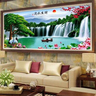 新款钻石画流水生财贴钻十字绣迎客松客厅大幅山水画风景满砖石绣